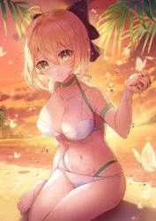 Rule 34 | 1girl, ahoge, alternate costume, apple caramel, barefoot, beach, bikini, black bow, blonde hair, blush, bow, breasts, bug, butterfly, cleavage, collarbone, commentary request, fate/grand order, fate (series), hair between eyes, hair bow, highres, insect, japanese clothes, large breasts, looking at viewer, navel, ocean, okita souji (fate), okita souji (koha-ace), outdoors, short hair, sitting, smile, solo, sunset, swimsuit, white bikini, yellow eyes