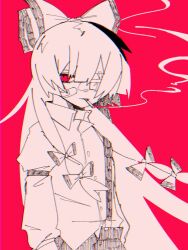 Rule 34 | 1girl, bandaid, bandaid on cheek, bandaid on face, bow, chromatic aberration, cigarette, collared shirt, fujiwara no mokou, gauze on face, gauze over eye, greyscale, greyscale with colored background, hair bow, hatching (texture), long hair, long sleeves, mechakuchagenki, monochrome, one-hour drawing challenge, one eye covered, red background, red eyes, shirt, shirt tucked in, simple background, sleeve garter, smoke, smoking, solo, spot color, standing, suspenders, touhou, upper body