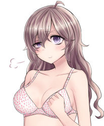 Rule 34 | 1girl, ahoge, bra, breasts, brown hair, cleavage, clenched hand, commentary request, hair between eyes, highres, long hair, looking at viewer, neit ni sei, original, pout, puffy cheeks, puffy cheeks, purple eyes, solo, text print, translation request, underwear, uneven eyes