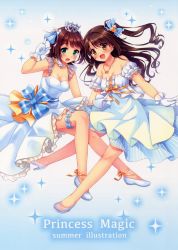 Rule 34 | 10s, 2girls, :d, absurdres, amami haruka, ankle lace-up, bare shoulders, bow, breasts, brown eyes, brown hair, cleavage, courreges ace, cross-laced footwear, crown, dress, feet, flats, glass slipper, gloves, green eyes, hair bow, high heels, highres, idolmaster, idolmaster (classic), idolmaster cinderella girls, index finger raised, jewelry, bridal garter, legs, long hair, multiple girls, necklace, no socks, open mouth, pointing, pointing up, ribbon, scan, shimamura uzuki, short hair, side ponytail, smile, sparkle, toes, white gloves, yellow eyes