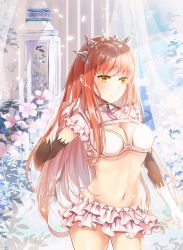 Rule 34 | 1girl, bad id, bad pixiv id, bikini, bikini skirt, blush, breasts, brown hair, cleavage, closed mouth, commentary request, cowboy shot, detached sleeves, elbow gloves, fate/grand order, fate (series), flower, gloves, highres, long hair, long sleeves, medb (fate), medium breasts, mutang, navel, pink flower, short sleeves, solo, standing, swimsuit, tiara, very long hair, white bikini, white gloves, yellow eyes