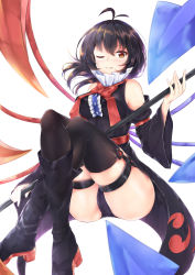 Rule 34 | 1girl, absurdres, adapted costume, ahoge, akiteru (akiteru98), ass, asymmetrical wings, bare shoulders, belt, black footwear, black hair, black panties, black thighhighs, blue wings, blush, boots, bow, bowtie, breasts, center frills, clothing cutout, commentary request, crossed legs, frills, grin, hair between eyes, hand up, highres, holding, holding weapon, houjuu nue, knees up, long sleeves, looking at viewer, medium breasts, panties, pantyshot, parted lips, polearm, red belt, red bow, red bowtie, red eyes, red wings, short hair, shoulder cutout, simple background, skindentation, smile, solo, thigh strap, thighhighs, thighs, touhou, underwear, weapon, white background, wide sleeves, wings