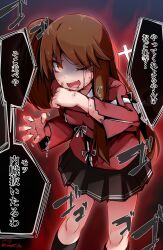 Rule 34 | 1girl, absurdres, aura, baileys (tranquillity650), black skirt, black socks, blood, brown hair, commentary request, curled fingers, highres, kantai collection, leaning forward, long hair, one side up, red eyes, red shirt, ryuujou (kancolle), shirt, skirt, socks, solo, standing, translation request