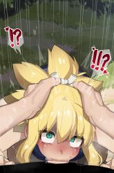 Rule 34 | !?, 1boy, 1girl, :&gt;=, absurdres, aqua eyes, bar censor, bare arms, bare legs, bare shoulders, blonde hair, blush, breasts, censored, cheek bulge, constricted pupils, crying, crying with eyes open, deepthroat, dr. stone, dress, empty eyes, feet out of frame, fellatio, from above, hands on another&#039;s head, head grab, hetero, highres, irrumatio, kneeling, kohaku (dr. stone), large breasts, large penis, leaning forward, looking at viewer, looking up, mizumizuni, oral, outdoors, penis, ponytail, pov, pov crotch, pov hands, precum, rape, saliva, scared, shaded face, short hair, short ponytail, sleeveless, sleeveless dress, solo focus, spiked hair, straight-on, tears, trembling, veins, veiny penis