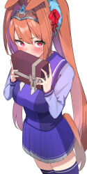 Rule 34 | 1girl, absurdres, amepa (ame pinecandy), animal ears, blush, box, breasts, commentary request, covered mouth, hair between eyes, hair ornament, highres, holding, holding box, horse ears, horse girl, horse tail, large breasts, long hair, long sleeves, looking at viewer, neckerchief, purple sailor collar, purple shirt, purple skirt, purple thighhighs, red eyes, red hair, sailor collar, school uniform, shirt, simple background, skirt, solo, tail, thighhighs, tiara, tracen school uniform, twintails, umamusume, v-shaped eyebrows, white background, white neckerchief