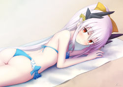 Rule 34 | 1girl, ass, back, basa rutan, beach, bikini, blue bikini, blush, bow, bow bikini, butt crack, cowboy shot, day, embarrassed, fate/grand order, fate (series), frilled bikini, frills, from side, hair between eyes, halterneck, horns, kiyohime (fate), kiyohime (fate/grand order), kiyohime (swimsuit lancer) (fate), kiyohime (swimsuit lancer) (third ascension) (fate), legs together, long hair, looking at viewer, lying, on side, outdoors, ponytail, red eyes, smile, solo, swimsuit, thighs, thong bikini, towel, very long hair, white hair