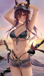 Rule 34 | 1girl, arknights, armpits, arms up, backlighting, bare arms, bare shoulders, baseball cap, bikini, black bikini, breasts, ch&#039;en (arknights), ch&#039;en the holungday (arknights), ch&#039;en the holungday (elite ii) (arknights), cleavage, collarbone, commentary request, cowboy shot, dragon horns, eyewear on headwear, front-tie bikini top, front-tie top, grey shorts, halterneck, hat, highleg, highleg bikini, highres, horns, horns through headwear, large breasts, long hair, looking at viewer, low ponytail, multi-strapped bikini, nail polish, navel, official alternate costume, official alternate hairstyle, open fly, outdoors, paid reward available, pink eyes, purple hair, ru zhai, sheath, sheathed, short shorts, shorts, skindentation, solo, standing, stomach, string bikini, sunglasses, swimsuit, sword, weapon, weapon on back, wet