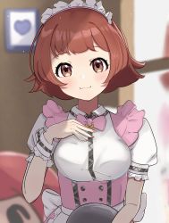 Rule 34 | 1girl, :3, absurdres, alternate costume, apron, blunt bangs, blurry, blurry background, bow, bowtie, breasts, brown eyes, brown hair, closed mouth, collared dress, dress, enmaided, framed image, frilled cuffs, hand on own chest, highres, holding, holding plate, idolmaster, idolmaster million live!, idolmaster million live! theater days, indoors, light particles, looking at viewer, maid, maid apron, medium breasts, nail polish, nonohara akane, ooho0216, orange nails, pink bow, pink bowtie, pink sash, plate, puffy short sleeves, puffy sleeves, sash, short hair, short sleeves, straight-on, upper body, wrist cuffs