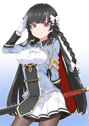Rule 34 | bad id, bad pixiv id, black hair, blue background, bow, breasts, brown pantyhose, epic seven, gloves, gradient background, hair bow, hayarob, highres, holding, holding sword, holding weapon, karin (epic seven), large breasts, long sleeves, pantyhose, red eyes, salute, simple background, skirt, smile, solo, sword, weapon, white background, white bow, white gloves, white skirt