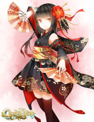 Rule 34 | 1girl, arm up, bare shoulders, black hair, black thighhighs, blush, chrono dios, detached sleeves, dual wielding, floral print, flower, folding fan, hair flower, hair ornament, hand fan, holding, japanese clothes, looking at viewer, original, short hair, smile, solo, stari, thighhighs, zettai ryouiki