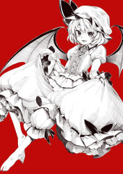 Rule 34 | 1girl, bad id, bad pixiv id, barefoot, bat wings, bloomers, chikado, curtsey, dress, fang, flat chest, hat, highres, looking at viewer, mizusaki (tengoku), monochrome, open mouth, red background, remilia scarlet, short hair, simple background, solo, touhou, underwear, wings