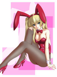 Rule 34 | 1girl, animal ears, blonde hair, blue eyes, breasts, cleavage, covered erect nipples, fake animal ears, highres, large breasts, long hair, nail polish, nonbei, original, pantyhose, playboy bunny, rabbit ears, sitting, solo, twintails