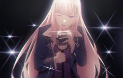Rule 34 | 1girl, commentary, english commentary, highres, holding, holding microphone stand, hololive, hololive english, kuroi enpitsu, lights, long hair, lower teeth only, microphone, microphone stand, mori calliope, one eye closed, open mouth, pink hair, red eyes, teeth, virtual youtuber