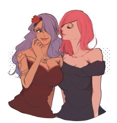 Rule 34 | 2girls, arm tattoo, chest tattoo, closed eyes, cropped torso, curly eyebrows, dr000mi, dress, flower, hair flower, hair ornament, hair over one eye, headband, highres, imminent kiss, long hair, looking to the side, medium hair, multiple girls, nojiko, one piece, pink hair, simple background, smile, strapless, strapless dress, tattoo, upper body, vinsmoke reiju, white background
