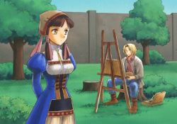 Rule 34 | 1990s (style), 1boy, 1girl, arms behind back, atelier (series), atelier lilie, blonde hair, blunt bangs, boots, breasts, briefcase, brown hair, bush, canvas (object), day, denim, dress, easel, eioross, grass, gust, hair ribbon, hat, jeans, jewelry, lilie (atelier), nature, open clothes, open shirt, outdoors, painting (action), palette (object), pants, parted bangs, pendant, retro artstyle, ribbon, shirt, short hair, sidelocks, sitting, sky, smile, solo focus, spread legs, standing, tree, tree stump, wall, wavy hair, yamagata isaemon, yellow eyes
