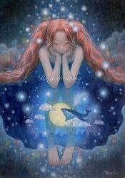 Rule 34 | 1girl, bare shoulders, barefoot, blue dress, closed eyes, commentary request, dress, flying whale, full body, full moon, hair ornament, head rest, highres, long hair, moon, oil painting (medium), orange hair, original, painting (medium), ringodrawing, see-through, see-through dress, sitting, smile, solo, star (symbol), star hair ornament, strapless, strapless dress, surreal, traditional media, twintails, very long hair, whale