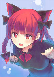 Rule 34 | 1girl, animal ears, black dress, bow, braid, breasts, cat ears, culter, dress, extra ears, hair bow, juliet sleeves, kaenbyou rin, long hair, long sleeves, open mouth, puffy sleeves, red eyes, red hair, solo, touhou, twin braids