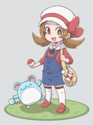 Rule 34 | 1girl, :d, bag, blush, bow, breasts, bright pupils, brown eyes, brown hair, cabbie hat, chibi, collarbone, creatures (company), eyebrows, full body, game freak, gen 2 pokemon, grass, handbag, hat, hat bow, highres, holding, holding poke ball, legs apart, long hair, long sleeves, lyra (pokemon), marill, nintendo, open mouth, overalls, pocket, poke ball, poke ball (basic), pokegear, pokemon, pokemon (creature), pokemon hgss, red bow, red footwear, red shirt, shadow, shirt, shoes, silver background, simple background, small breasts, smile, standing, thighhighs, tongue, twintails, white hat, white pupils, white thighhighs, yokoyoko (nazonazo), zettai ryouiki