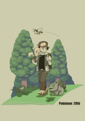 Rule 34 | 1boy, anniversary, backpack, bag, bird, black hair, black shirt, bulbasaur, claws, copyright name, creature, creature on shoulder, creatures (company), fangs, forest, game freak, gen 1 pokemon, grass, grey background, highres, holding pokedex, jacket, male focus, nature, nintendo, on grass, on shoulder, outdoors, pidgey, pikachu, pokedex, pokemon, pokemon (creature), pokemon rgby, rattata, red (pokemon), shirt, shoes, short hair, smile, sneakers, tetsuya (guri guru), tree, walking, white footwear