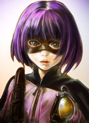Rule 34 | 1girl, bob cut, cape, explosive, flat chest, gradient background, green eyes, grenade, highres, hit-girl, jacket, kick-ass, lips, looking at viewer, mask, open mouth, parted lips, purple hair, sheath, short hair, simple background, solo, superhero costume, upper body, wig, yuuya (inudama), zipper