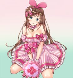 Rule 34 | 1girl, alternate costume, aqua background, bad id, bad pixiv id, bare shoulders, blue background, blue eyes, blush, bouquet, bow, breasts, brown hair, choker, cleavage, crown, detached sleeves, dress, flower, frilled choker, frills, gradient background, hair ornament, hairband, head tilt, heart pendant, holding, holding bouquet, jewelry, kizuna ai, kizuna ai inc., kurage1, long hair, looking at viewer, medium breasts, mini crown, parted lips, pendant, pink background, pink dress, pink flower, pink rose, puffy short sleeves, puffy sleeves, rose, sash, short sleeves, sitting, sleeveless, sleeveless dress, smile, solo, strapless, strapless dress, striped clothes, striped dress, swept bangs, tilted headwear, v arms, vertical-striped clothes, vertical-striped dress, very long hair, virtual youtuber, waist bow, wariza, white flower, white rose