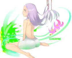 Rule 34 | 00s, 1girl, ass, barefoot, brown eyes, from behind, gundam, gundam 00, long hair, looking at viewer, looking back, masago (rm-rf), masagomi, purple hair, shorts, simple background, soles, solo, soma peries, toes, topless, white background