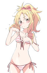 Rule 34 | 1girl, adjusting clothes, adjusting swimsuit, artistic error, bikini, blush, bow, breasts, bright pupils, brown eyes, collarbone, cowboy shot, eromanga sensei, front-tie bikini top, front-tie top, gluteal fold, hair bow, hand on own chest, ixy, long hair, looking at viewer, navel, pointy ears, ponytail, ringlets, side-tie bikini bottom, sidelocks, simple background, small breasts, solo, string bikini, striped bikini, striped clothes, swimsuit, white background, white pupils, yamada elf