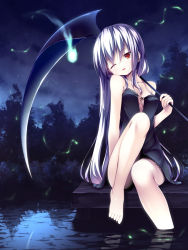 Rule 34 | 1girl, ;o, bare legs, bare shoulders, barefoot, black dress, breasts, bug, covered erect nipples, dress, feet, firefly, grey hair, insect, long hair, night, night sky, one eye closed, original, outdoors, parted lips, red eyes, reflection, scythe, sitting, sky, soaking feet, solo, toes, water, yuku (kiollion)