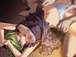 Rule 34 | 1girl, breasts, censored, clothed sex, clothing aside, game cg, glasses, green hair, ino (magloid), izayoi no hanayome, large breasts, lingerie, mosaic censoring, negligee, nipples, panties, panties aside, penis, pussy, saegusa mikoto, sex, short hair, solo focus, underwear, vaginal