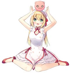 Rule 34 | 1girl, animal, animal on head, anzu (sumisaki yuzuna), arms up, bad id, bad pixiv id, blonde hair, blush, breasts, bun cover, china dress, chinese clothes, cleavage, cleavage cutout, clothing cutout, double bun, dress, facing viewer, frilled dress, frills, green eyes, hair between eyes, long hair, looking up, medium breasts, on head, open mouth, original, pig, sitting, sleeveless, solo, sumisaki yuzuna, wariza, white background