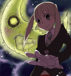 Rule 34 | 00s, 1girl, blonde hair, blush, crazy eyes, crescent moon, formal, gloves, green eyes, himano (artist), long sleeves, maka albarn, moon, necktie, smoke, solo, soul eater, suit, twintails, white gloves