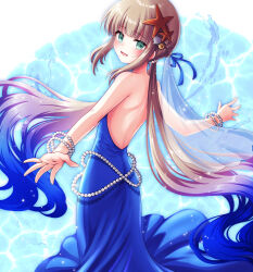 Rule 34 | 1boy, backless dress, backless outfit, blue dress, blue hair, bracelet, braid, captain nemo (fate), crossdressing, dress, fate/grand order, fate (series), french braid, gradient hair, green eyes, highres, jewelry, light brown hair, looking at viewer, male focus, multicolored hair, nemo (fate), pearl bracelet, shell hair ornament, shell ocean, sidelocks, sleeveless, sleeveless dress, solo, starfish hair ornament, trap