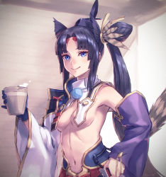 Rule 34 | 1girl, armor, asymmetrical sleeves, black hair, black hat, blue eyes, blue gloves, breasts, cowboy shot, cup, detached sleeves, fate/grand order, fate (series), gloves, hair ornament, hat, highres, holding, holding cup, japanese armor, katana, kusazuri, long hair, mini hat, mismatched sleeves, navel, parted bangs, pom pom (clothes), revealing clothes, scabbard, sheath, sheathed, side ponytail, sidelocks, single glove, small breasts, smile, solo, sword, ushiwakamaru (fate), very long hair, weapon, wide sleeves, yoake dawn01