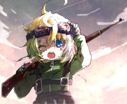 Rule 34 | 10s, 1girl, ahoge, assault rifle, bayonet, black gloves, blonde hair, blood, blood on face, blood on clothes, blue eyes, commentary request, mauser 98, gloves, goggles, gun, hair between eyes, holding, holding gun, holding weapon, karaage (torikkk), light, long sleeves, looking at viewer, military, military uniform, one eye closed, open mouth, over shoulder, rifle, short hair, sky, solo, tanya degurechaff, uniform, weapon, weapon over shoulder, youjo senki, aged down, zipper