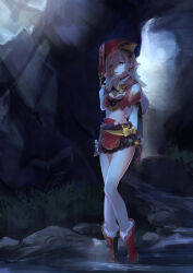 Rule 34 | 1girl, antlers, bare shoulders, black bustier, boots, breasts, bustier, cave interior, cleavage, commentary request, crop top, deer antlers, detached sleeves, genshin impact, green eyes, highres, horns, long hair, long sleeves, looking at viewer, midriff, miniskirt, pink hair, red footwear, red headwear, sayuumigi, scales, skirt, small breasts, solo, yanfei (genshin impact)