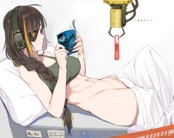 Rule 34 | 1girl, abs, ahoge, amputee, beijuu, blanket, blunt bangs, bottomless, braid, breasts, brown eyes, brown hair, cleavage, commentary, eyepatch, from side, girls&#039; frontline, golgo 13, groin, headband, headphones, large breasts, lying, m16a1 (girls&#039; frontline), machinery, manga (object), multicolored hair, on back, pillow, reading, scar, scar across eye, scar on face, shadow, smile, solo, streaked hair, tank top, toned