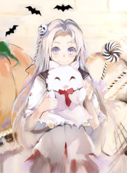 Rule 34 | 1girl, :d, ^ ^, absurdres, animal, bat (animal), black sailor collar, cat, closed eyes, closed mouth, commentary request, dress, forehead, hanagin, highres, holding, holding animal, long hair, mask, mask on head, open mouth, original, parted bangs, pumpkin, purple eyes, sailor collar, sailor dress, short sleeves, silver hair, smile, solo, very long hair, white dress