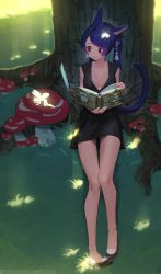 Rule 34 | 1girl, artist name, black dress, blue hair, blush, book, breasts, breasts apart, commission, dress, fairy, final fantasy, final fantasy xiv, glowing, grass, highres, holding, holding book, miqo&#039;te, mushroom, open book, original, sleeveless, sleeveless dress, smile, solo, tostantan, tree, warrior of light (ff14)