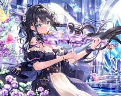 Rule 34 | 1girl, black hair, blue eyes, blush, bow (music), breasts, bug, butterfly, choker, cleavage, collarbone, commentary request, crystal, dress, earrings, flower, frilled dress, frills, fujima takuya, gem, glass, hair flower, hair ornament, holding, holding bow (music), insect, jewelry, lace trim, light particles, looking at viewer, medium breasts, off-shoulder dress, off shoulder, original, ponytail, see-through, solo