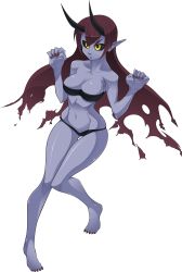 Rule 34 | 1girl, bandeau, barefoot, black panties, black sclera, breasts, chuunioniika, cleavage, colored sclera, colored skin, concept art, demon girl, demon horns, fearless night, female focus, full body, hell princess, highres, horns, large breasts, long hair, nail polish, navel, panties, pointy ears, purple nails, purple skin, red hair, solo, strapless, toenail polish, toenails, transparent background, tube top, underwear, underwear only, yellow eyes