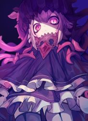 Rule 34 | 1girl, amulet, bags under eyes, black shawl, chain, chain necklace, closed mouth, cowboy shot, frilled shawl, frills, from below, gem, highres, ketopon, necklace, original, pink eyes, pink hair, purple background, red gemstone, shawl, short hair, sidelocks, slit pupils, solo, tentacles, thighhighs