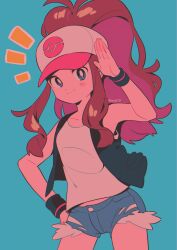 Rule 34 | 1girl, antenna hair, arm up, armpits, artist name, black vest, blue background, blue eyes, blue shorts, blush, breasts, brown hair, closed mouth, collarbone, creatures (company), game freak, grey hat, grey shirt, hair between eyes, hand on own hip, hand up, hat, highres, hilda (pokemon), long hair, looking at viewer, medium breasts, menma (enaic31), multicolored hair, nintendo, open clothes, open vest, pink hair, pink hat, pokemon, pokemon bw, ponytail, shirt, short shorts, shorts, sidelocks, simple background, sleeveless, sleeveless shirt, smile, solo, standing, t-shirt, two-tone hair, vest, watermark, wristband