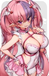 Rule 34 | 1girl, black nails, blush, breasts, choker, cleavage, commentary, covered navel, demon girl, english commentary, fang, frilled choker, frills, hair between eyes, hair ornament, hand on own hip, head wings, heart, heart hair ornament, highres, ironmouse, ironmouse (demon form), kaptivate, large breasts, long hair, looking at viewer, multicolored hair, nail polish, open mouth, pink choker, pink hair, pointy ears, purple eyes, purple hair, smile, solo, teeth, thighs, twintails, two-tone hair, very long hair, virtual youtuber, vshojo, wings