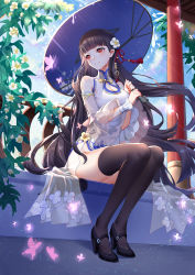 Rule 34 | 1girl, absurdres, azur lane, bad id, bad pixiv id, black hair, black thighhighs, blue sky, blunt bangs, breasts, bug, butterfly, china dress, chinese clothes, cleavage, day, detached sleeves, dress, floral print, flower, full body, hair flower, hair ornament, highres, insect, large breasts, long hair, mo xiaoxue, purple umbrella, red eyes, sitting, sky, smile, solo, thighhighs, umbrella, very long hair, white dress, yat sen (azur lane)