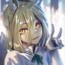 Rule 34 | 1girl, animal ears, black background, blonde hair, bow, eyes visible through hair, fox ears, fox shadow puppet, fox tail, green bow, hair between eyes, hand up, jumpsuit, kudamaki tsukasa, looking at viewer, open mouth, shadow, short hair, short sleeves, smile, solo, tail, touhou, upper body, white background, white jumpsuit, white sleeves, yellow eyes, zounose
