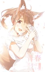 Rule 34 | 1girl, ;d, ahoge, animal ears, blush, bottle, braid, breasts, brown eyes, brown hair, clothes writing, commentary request, fox ears, fox girl, fox tail, hair ornament, hair ribbon, hairclip, hands up, head tilt, highres, holding, holding bottle, jerry3912, long hair, looking at viewer, one eye closed, open mouth, original, pink ribbon, ponytail, ribbon, shirt, short sleeves, small breasts, smile, solo, sparkle, tail, translation request, upper body, v, v over eye, water drop, white shirt