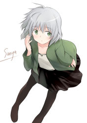 Rule 34 | 1girl, alternate costume, black pantyhose, casual, character name, green eyes, pantyhose, sandwich (artist), sanya v. litvyak, short hair, silver hair, simple background, skirt, solo, strike witches, tsuchii (ramakifrau), wind, world witches series
