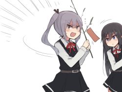 Rule 34 | 10s, 2girls, angry, annin musou, asashio (kancolle), bad id, bad twitter id, belt, black hair, blouse, blue eyes, branch, commentary request, dress, flying sweatdrops, green eyes, grey hair, hair ribbon, holding, holding branch, kantai collection, kasumi (kancolle), kasumi kai ni (kancolle), long hair, long sleeves, motion lines, multiple girls, neck ribbon, open mouth, paper, pinafore dress, pleated dress, pleated skirt, red ribbon, ribbon, shirt, side ponytail, sketch, skirt, sleeveless, sleeveless dress, sweat, tanabata, translation request, white background