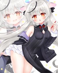 Rule 34 | 1girl, animal ear fluff, animal ears, bare shoulders, black dress, black hair, black jacket, blue archive, blush, breasts, commentary request, dress, grey hair, hair between eyes, hand up, highres, holding, jacket, kokona (blue archive), layered skirt, long hair, looking at viewer, multicolored hair, multiple views, off shoulder, open clothes, open jacket, open mouth, pleated skirt, red eyes, shikito (yawa0w0), skirt, small breasts, streaked hair, striped clothes, striped dress, striped jacket, sweat, vertical-striped clothes, vertical-striped dress, vertical-striped jacket, very long hair, wavy mouth, white skirt