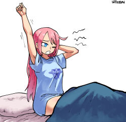Rule 34 | 1girl, absurdres, bed, blanket, blue shirt, breasts, highres, jeena (spectrobes), kaibootsu, medium breasts, pillow, pink hair, print shirt, shirt, solo, spectrobes (series), stretching, t-shirt, tagme, waking up